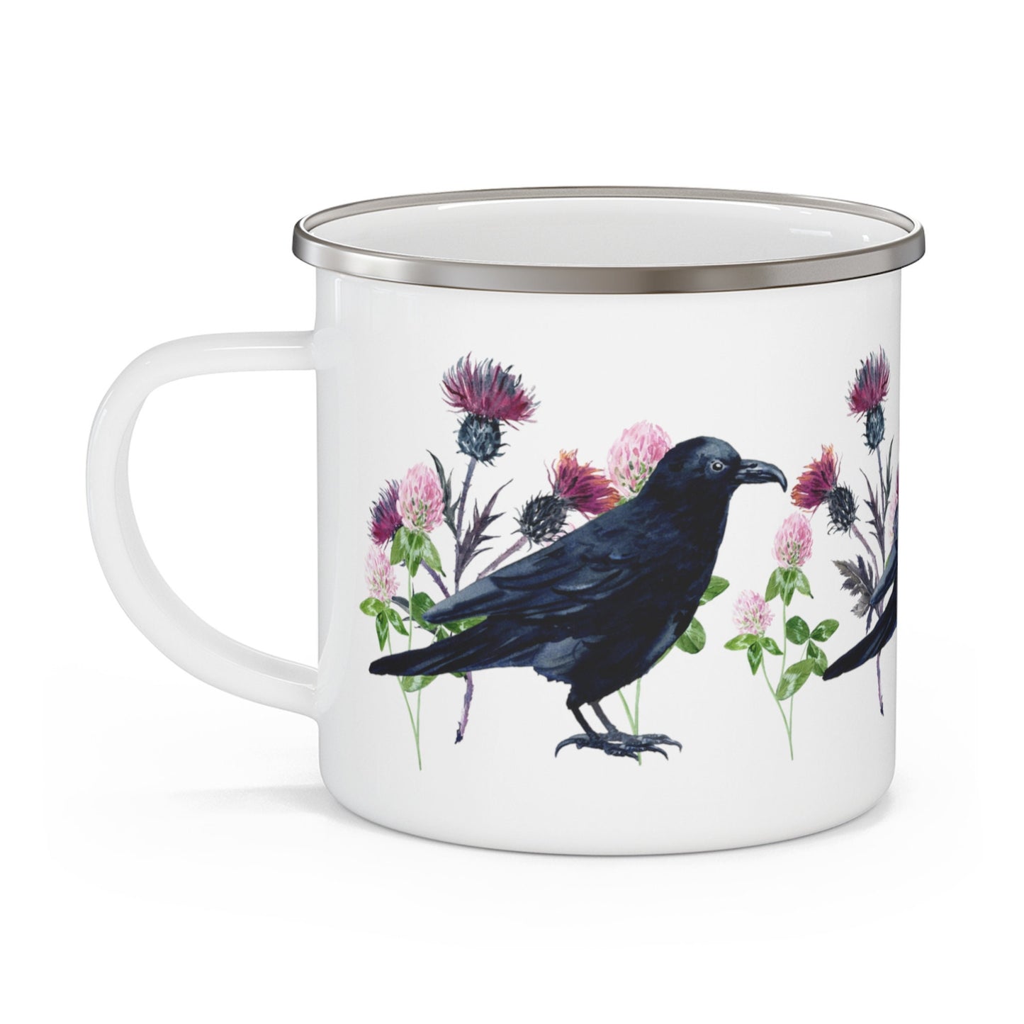 Raven Mug Thistles and Clover Wildflowers Black Bird Crowcore Fall Enamel Camping Mug Dark Academia Mug Goblincore Forestcore Halloween Mug