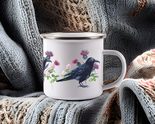 Raven Mug Thistles and Clover Wildflowers Black Bird Crowcore Fall Enamel Camping Mug Dark Academia Mug Goblincore Forestcore Halloween Mug