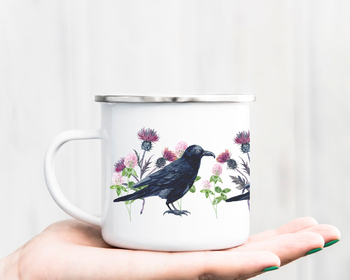 Raven Mug Thistles and Clover Wildflowers Black Bird Crowcore Fall Enamel Camping Mug Dark Academia Mug Goblincore Forestcore Halloween Mug