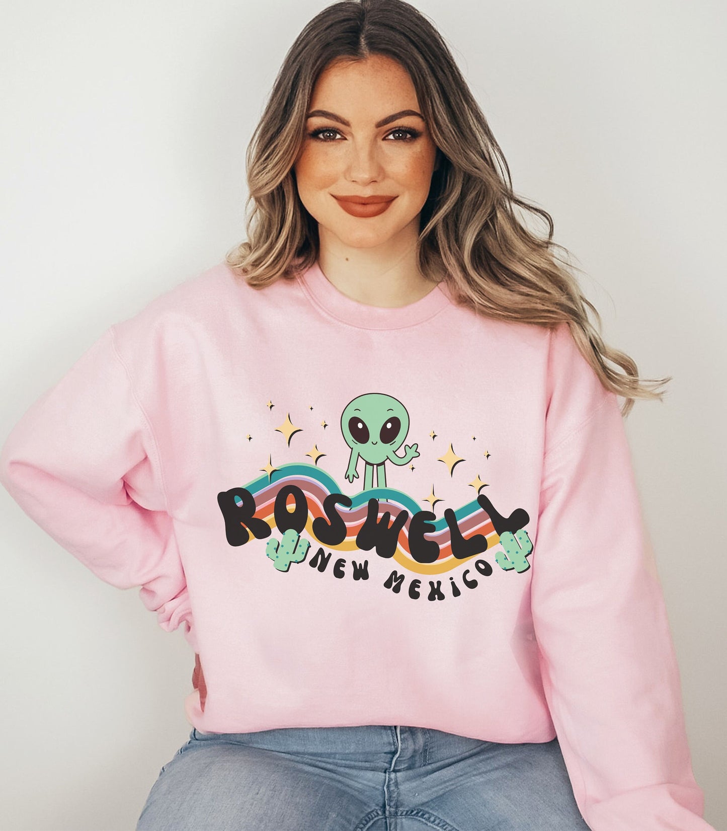 Retro Rainbow Alien Sweatshirt Roswell New Mexico Shirt Cryptozoology Shirt Space Travel Southwestern Sweatshirt Kawaii Cactus Sweatshirt