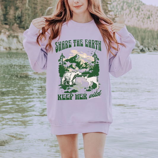Share The Earth Comfort Colors Crewneck, Granola Girl Sweatshirt Granola Aesthetic Forestcore Mountain Sweatshirt Colorado Wild Animals