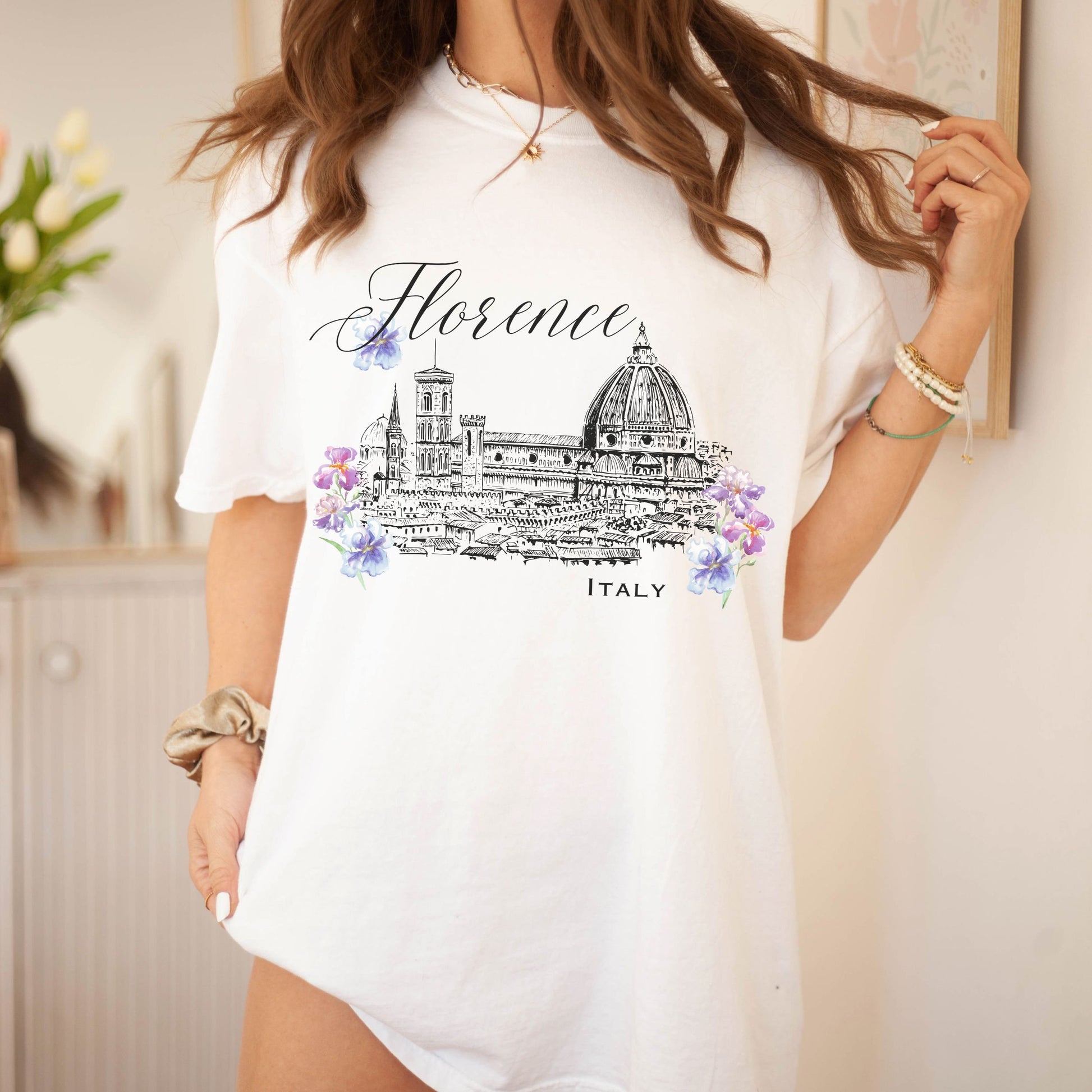 Florence Italy Shirt, Italia Shirt Tuscany Italy Travel Gifts Honeymoon Shirt Florence Cathedral Duomo Floral Trendy Travel Graphic Tee