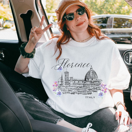 Florence Italy Shirt, Italia Shirt Tuscany Italy Travel Gifts Honeymoon Shirt Florence Cathedral Duomo Floral Trendy Travel Graphic Tee