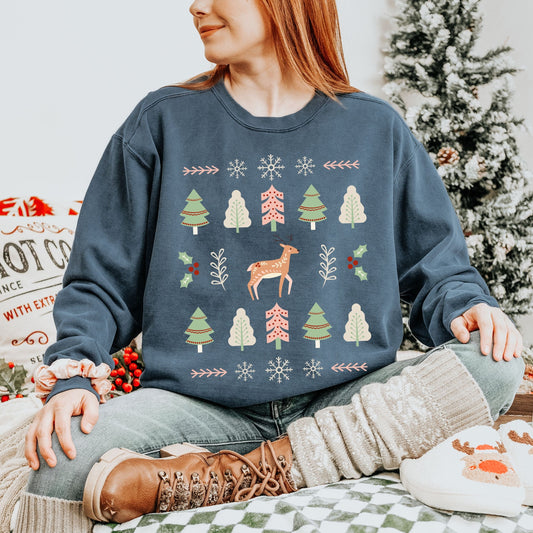 Christmas Reindeer Sweatshirt, Comfort Colors Sweatshirt Scandinavian Folk Sweater Granola Girl Christmas Cottagecore Deer Crewneck