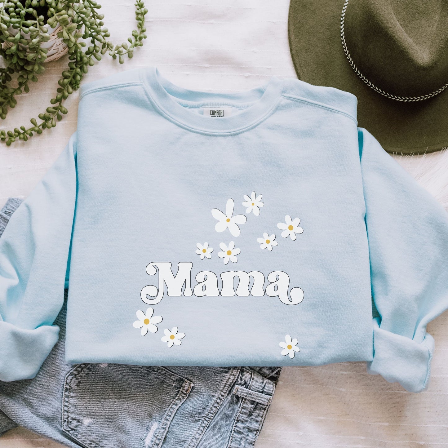 Daisy Mama Sweatshirt, Comfort Colors Mama Crew Neck Wild Flower Sweatshirt Retro Hippie Daisy Birthday Mom Shirts Trendy Women's Sweatshirt