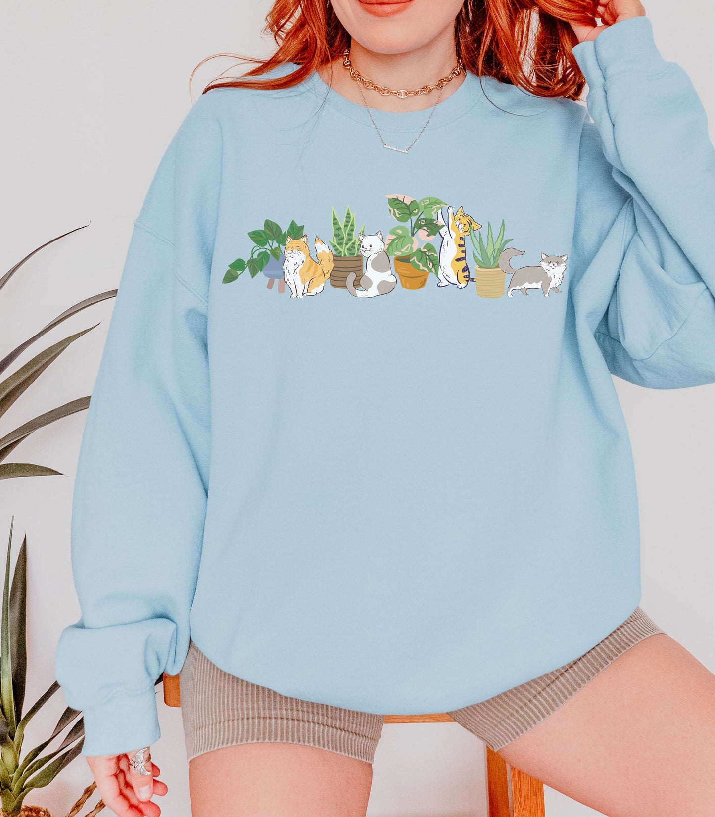 Plants and Cats Crewneck Sweatshirt, Plant Sweatshirt Plant Lover Gift Cat Themed Gifts Women Plant Mama Shirt Cat Sweater