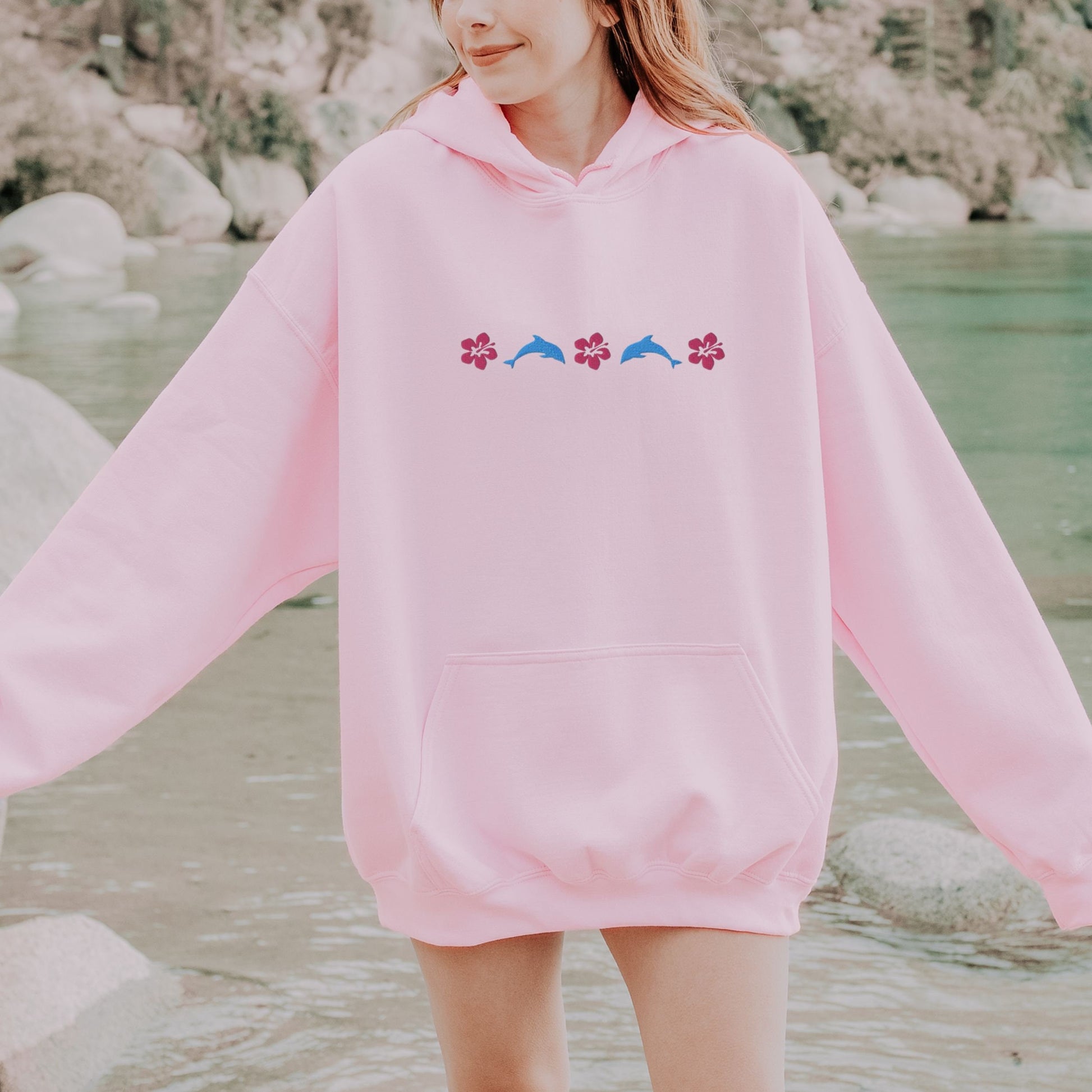 Dolphin Sweatshirt Hibiscus Flower Hoodie Embroidered Beachy Hoodie Women's Embroidered Sweatshirt Preppy Clothes Gifts for Teens