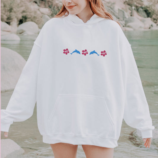 Dolphin Sweatshirt Hibiscus Flower Hoodie Embroidered Beachy Hoodie Women's Embroidered Sweatshirt Preppy Clothes Gifts for Teens