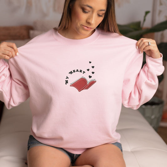 Book Lover Embroidered Sweatshirt, Bookish Valentines Day Shirt, Romantasy Reader Romance Book Valentine Crewneck Book Club Sweatshirt
