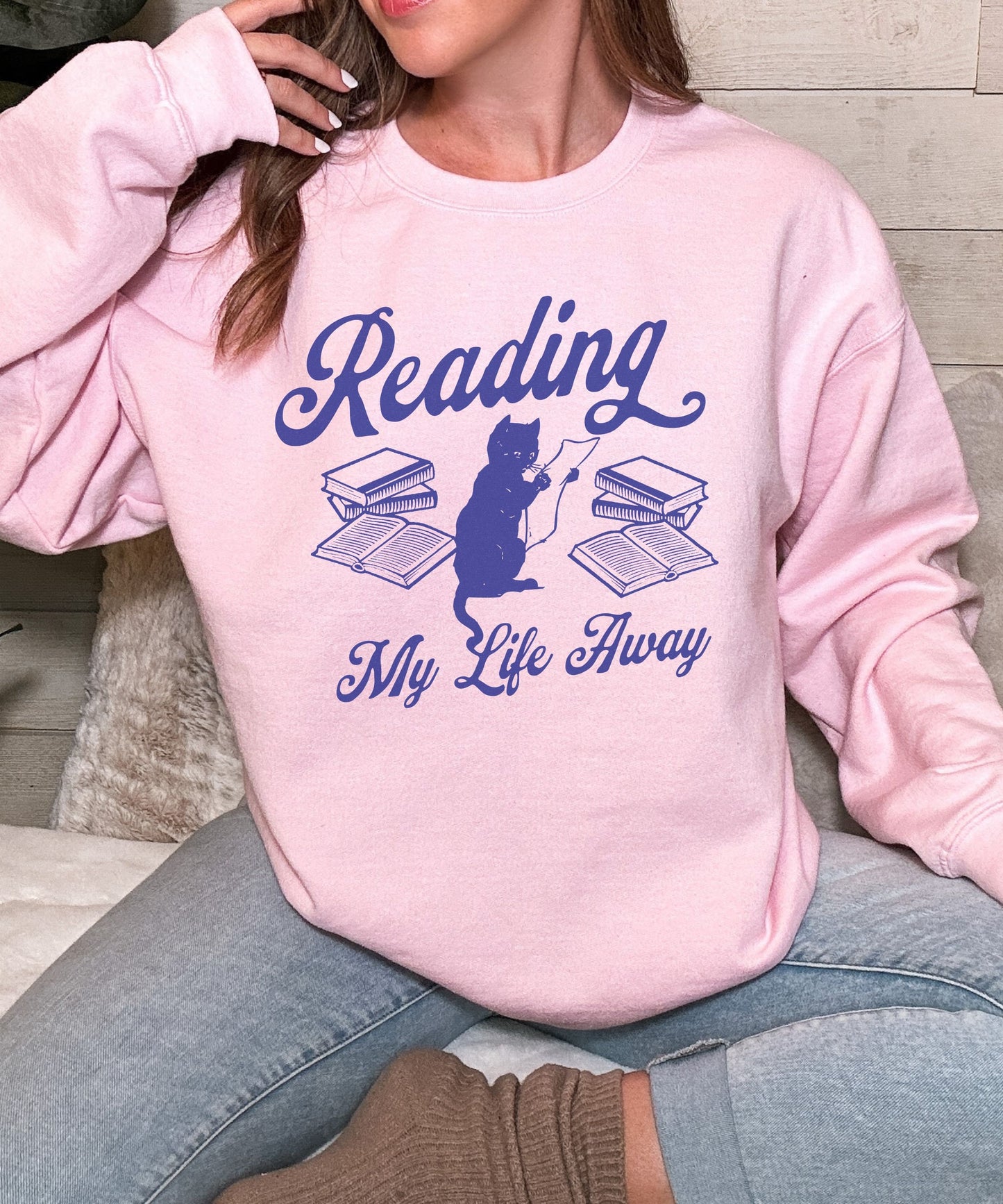 Reading My Life Away Cat Sweatshirt Reading Sweatshirt Fantasy Romance Library Sweatshirt TBR Booklover Gifts Cats and Books Sweater