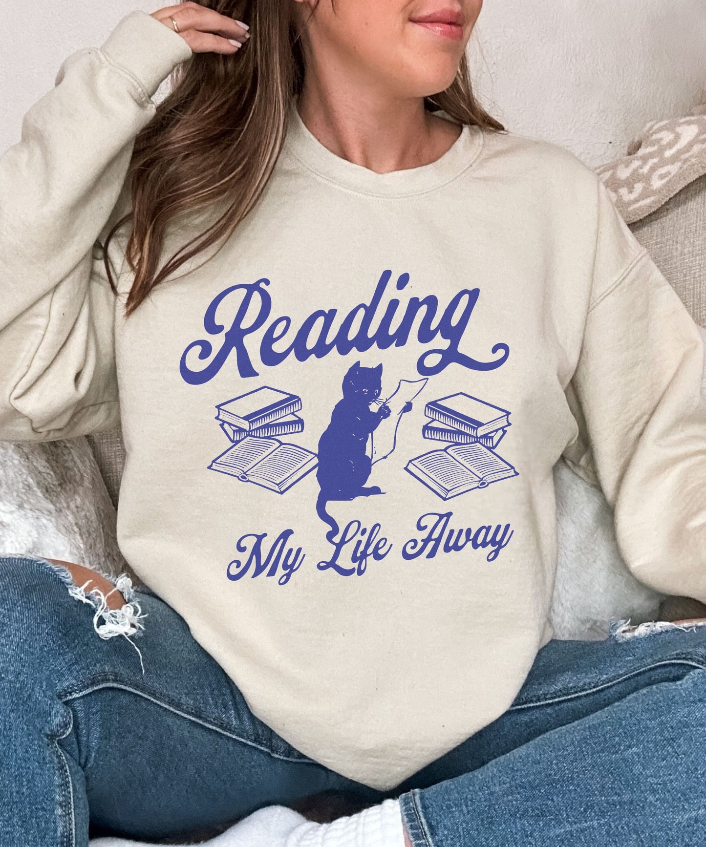 Reading My Life Away Cat Sweatshirt Reading Sweatshirt Fantasy Romance Library Sweatshirt TBR Booklover Gifts Cats and Books Sweater