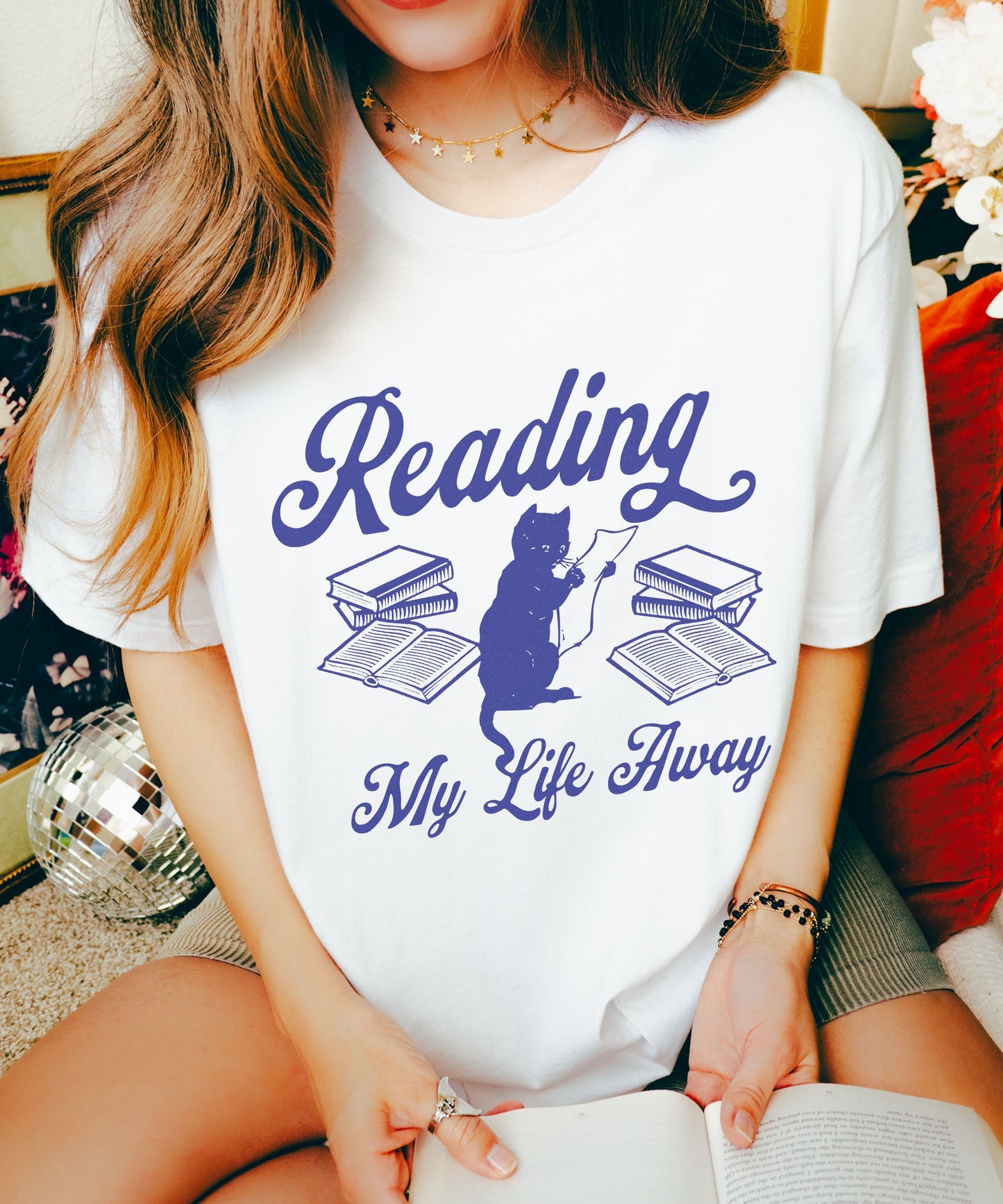 Reading My Life Away Cat Reading Shirt Books and Cat TShirt Bookish Things Booklover Gifts Death by tbr Reader Cat Tee Fantasy Romance