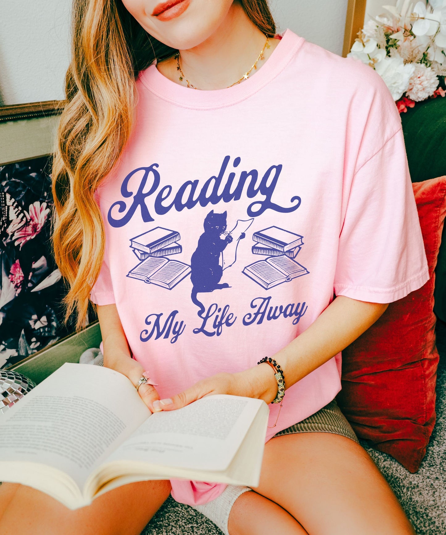 Reading My Life Away Cat Reading Shirt Books and Cat TShirt Bookish Things Booklover Gifts Death by tbr Reader Cat Tee Fantasy Romance