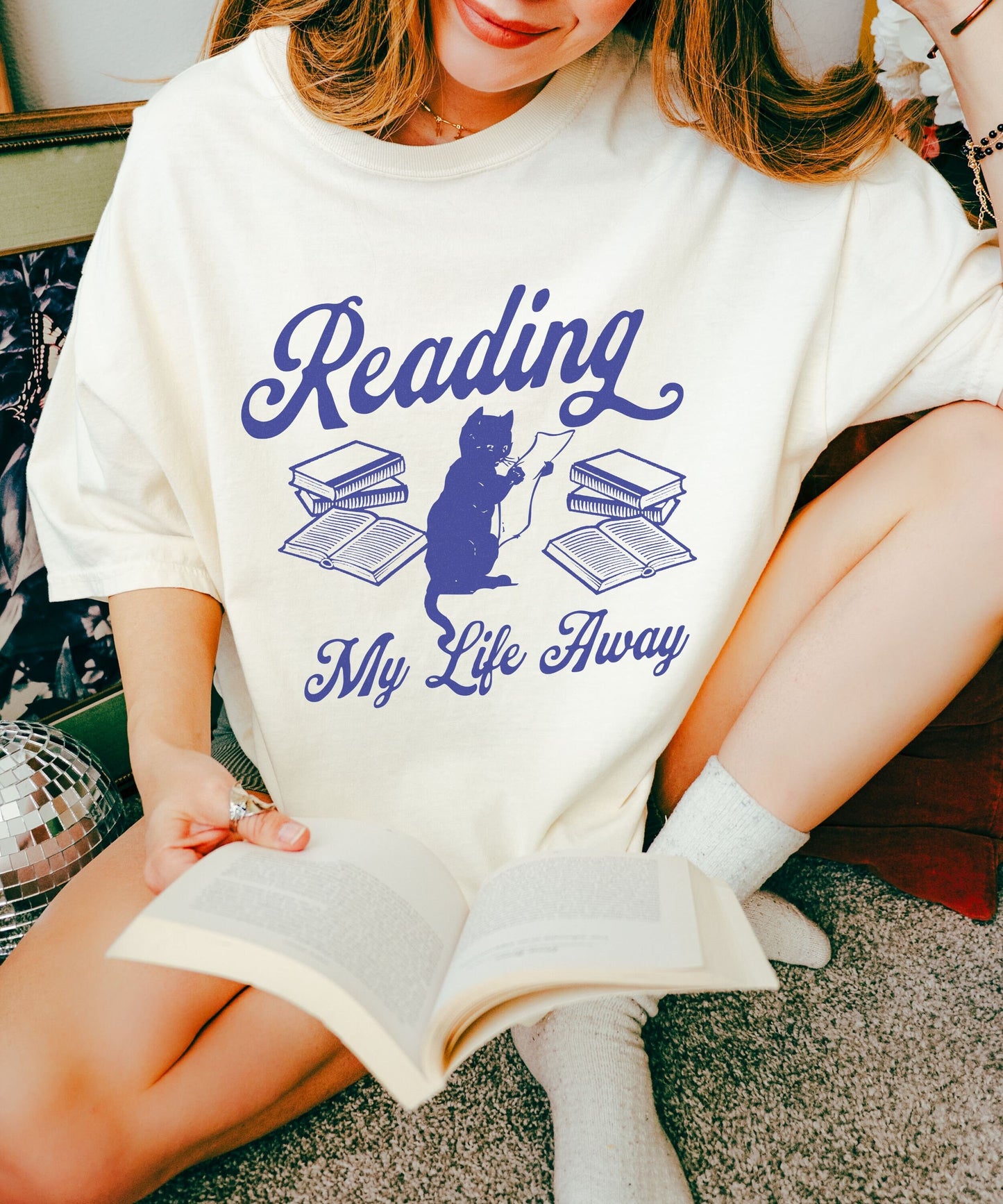 Reading My Life Away Cat Reading Shirt Books and Cat TShirt Bookish Things Booklover Gifts Death by tbr Reader Cat Tee Fantasy Romance