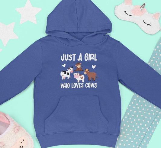 Cow Hoodie Girl, Just A Girl Who Loves Cows, Cozy Kids Sweatshirt, Youth Cow Sweatshirt Hoodie, Cow Lover Sweatshirt for Girls