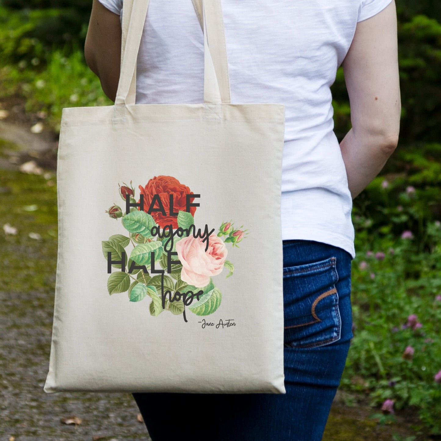 Jane Austen Tote Bag Half Agony Half Hope Jane Austen Quote,Jane Austen Gifts Bookish Gift Floral Tote Bag Cottagecore Bag Library Bag