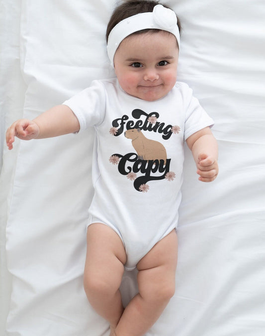 Capybara Bodysuit, Baby Girl Bodysuit, Retro Flowers Animal Bodysuit Capybara Tee For Baby, Feeling Capy Baby, Cute Animal Baby Girl Clothes