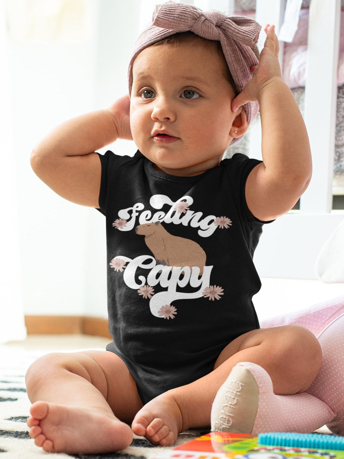 Capybara Bodysuit, Baby Girl Bodysuit, Retro Flowers Animal Bodysuit Capybara Tee For Baby, Feeling Capy Baby, Cute Animal Baby Girl Clothes