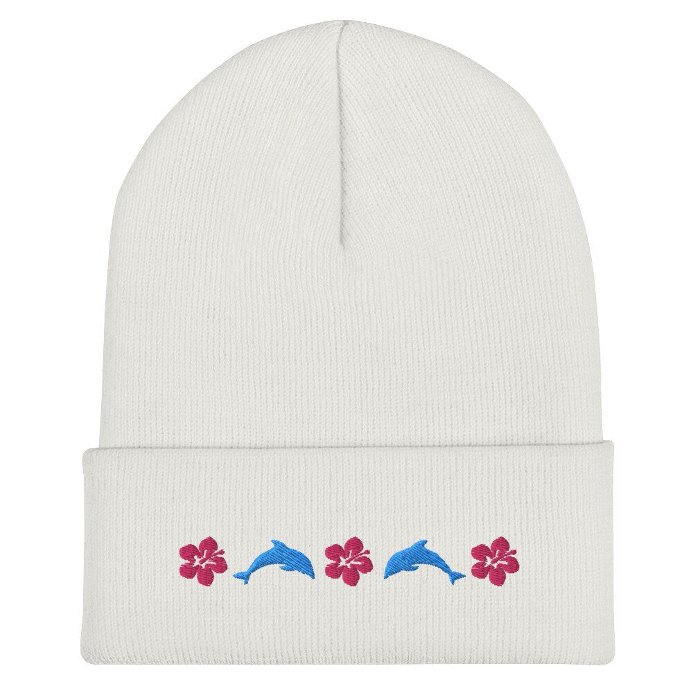 Dolphin Beanie Hibiscus Flower Rolled Cuff Beanie Hat