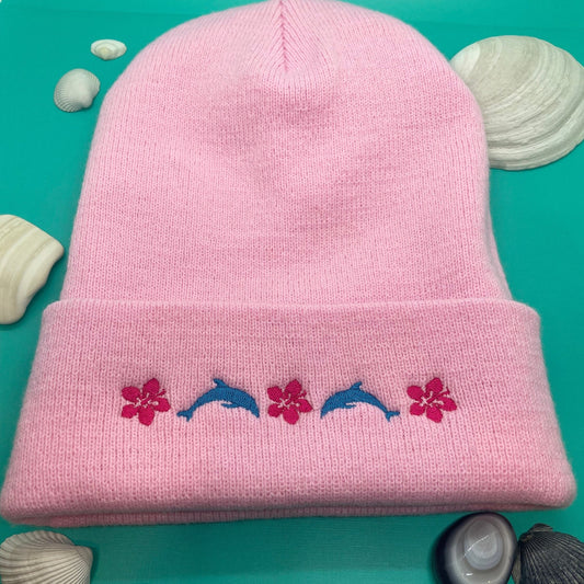 Dolphin Beanie, Hibiscus Flower Rolled Cuff Beanie Hat Preppy Stuff Oceancore Beachy Winter Accessories, Salty Granola Girl Hat Dolphin Gift