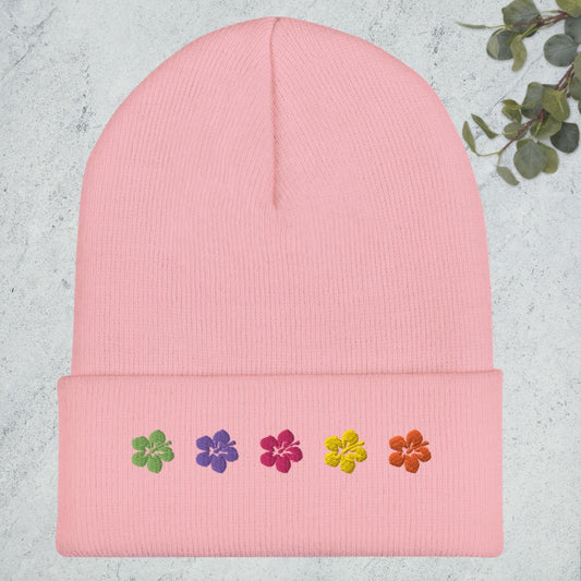 Hibiscus Flower Embroidered Beanie, Preppy Aesthetic Beachy Winter Hat Coconut Girl Accessories, Preppy Stuff, Oceancore Surfer Beanie Hat