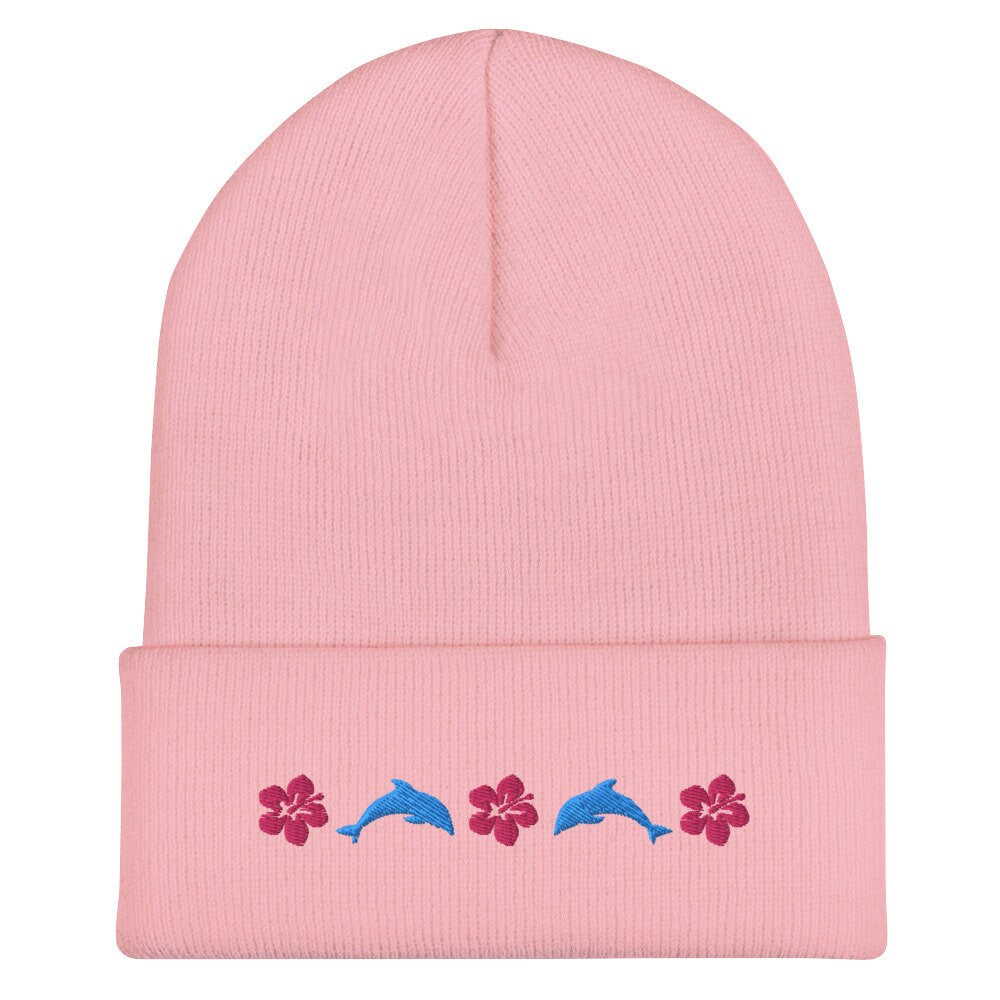 Dolphin Beanie Hibiscus Flower Rolled Cuff Beanie Hat