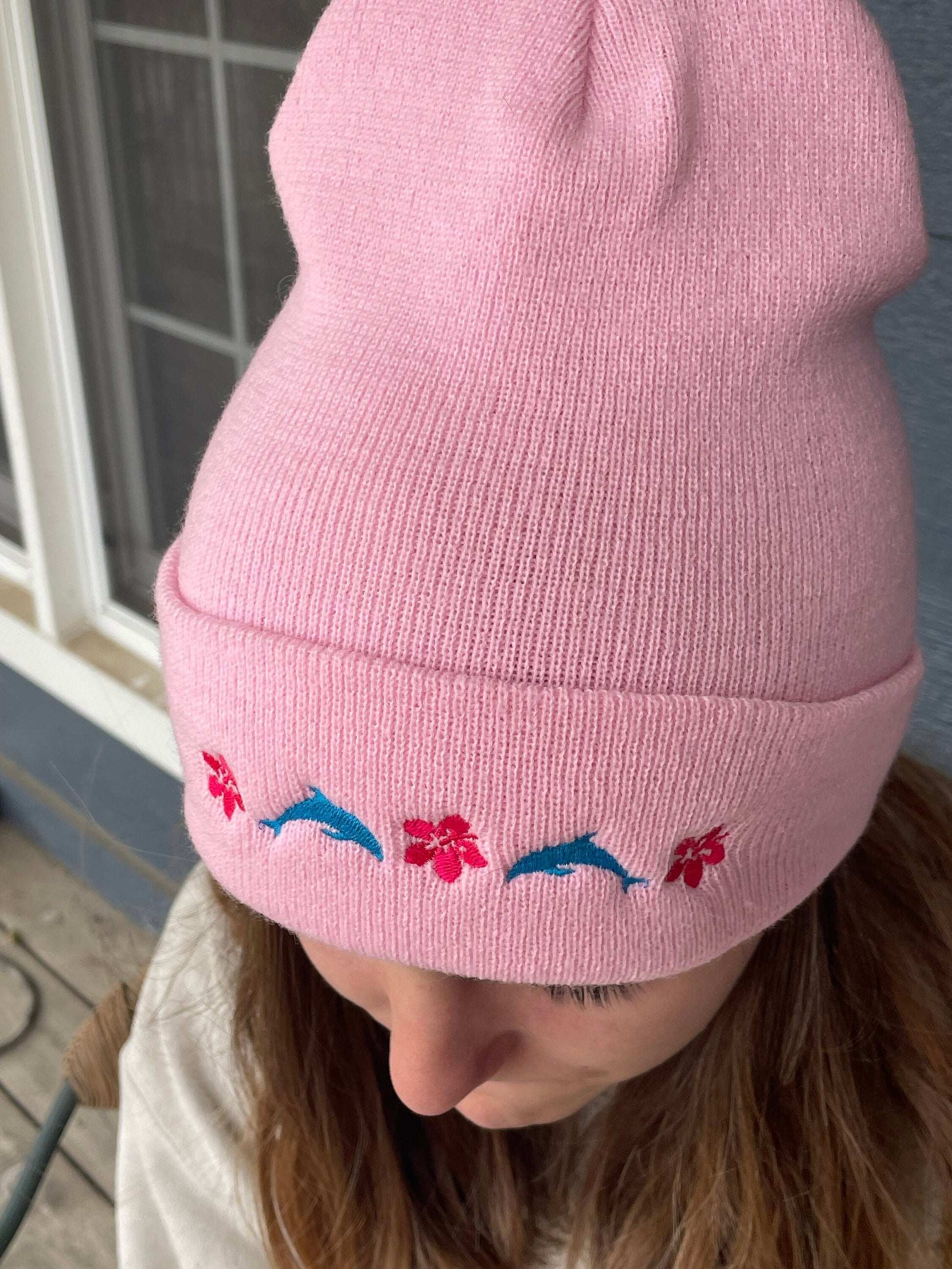 Dolphin Beanie, Hibiscus Flower Rolled Cuff Beanie Hat Preppy Stuff Oceancore Beachy Winter Accessories, Salty Granola Girl Hat Dolphin Gift