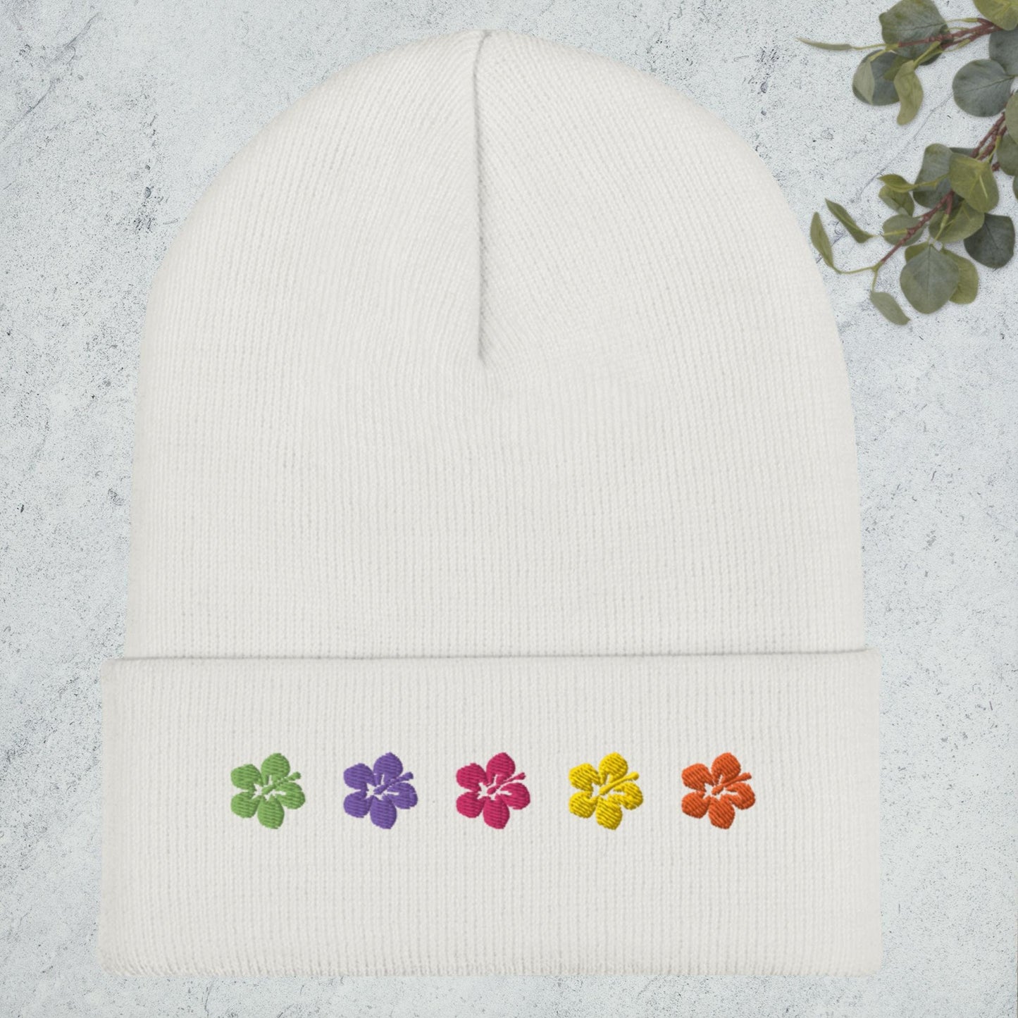 Hibiscus Flower Embroidered Beanie, Preppy Aesthetic Beachy Winter Hat Coconut Girl Accessories, Preppy Stuff, Oceancore Surfer Beanie Hat