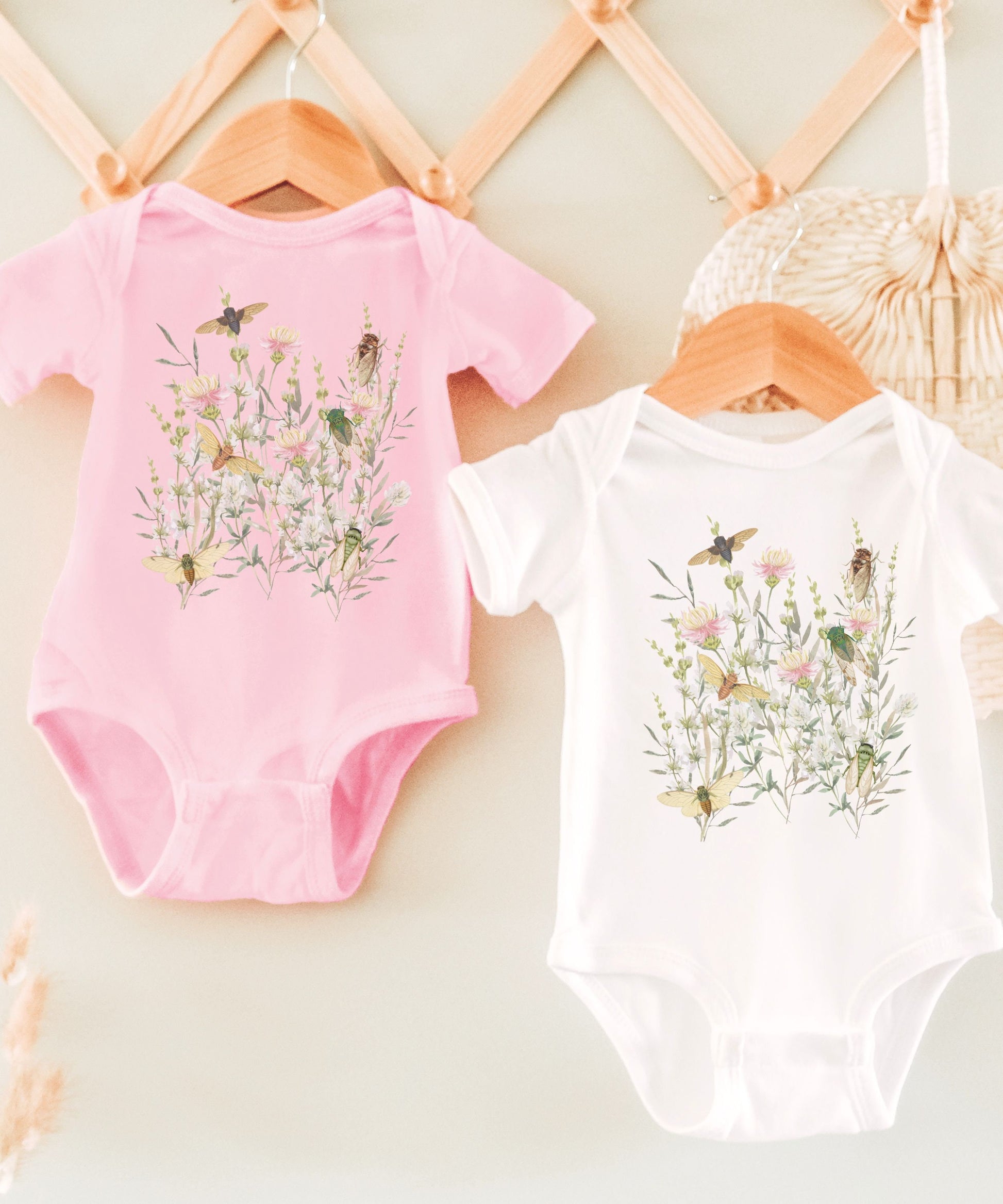 Cicada and Wild Flowers Baby Bodysuit Insect Baby Clothes Cottagecore Baby Locust Goblincore FairyCore Bodysuit Forest Core Baby Clothes