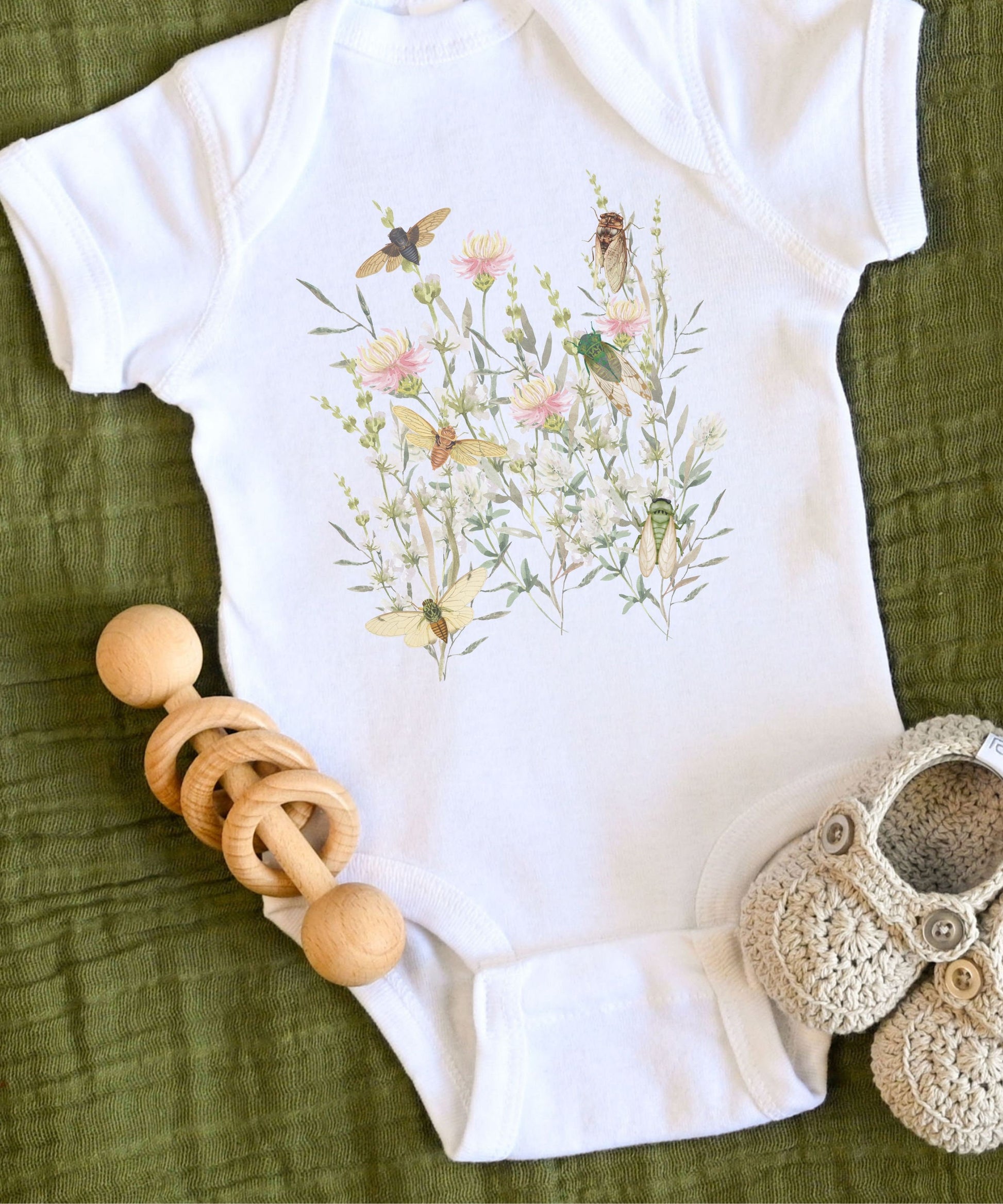 Cicada and Wild Flowers Baby Bodysuit Insect Baby Clothes Cottagecore Baby Locust Goblincore FairyCore Bodysuit Forest Core Baby Clothes