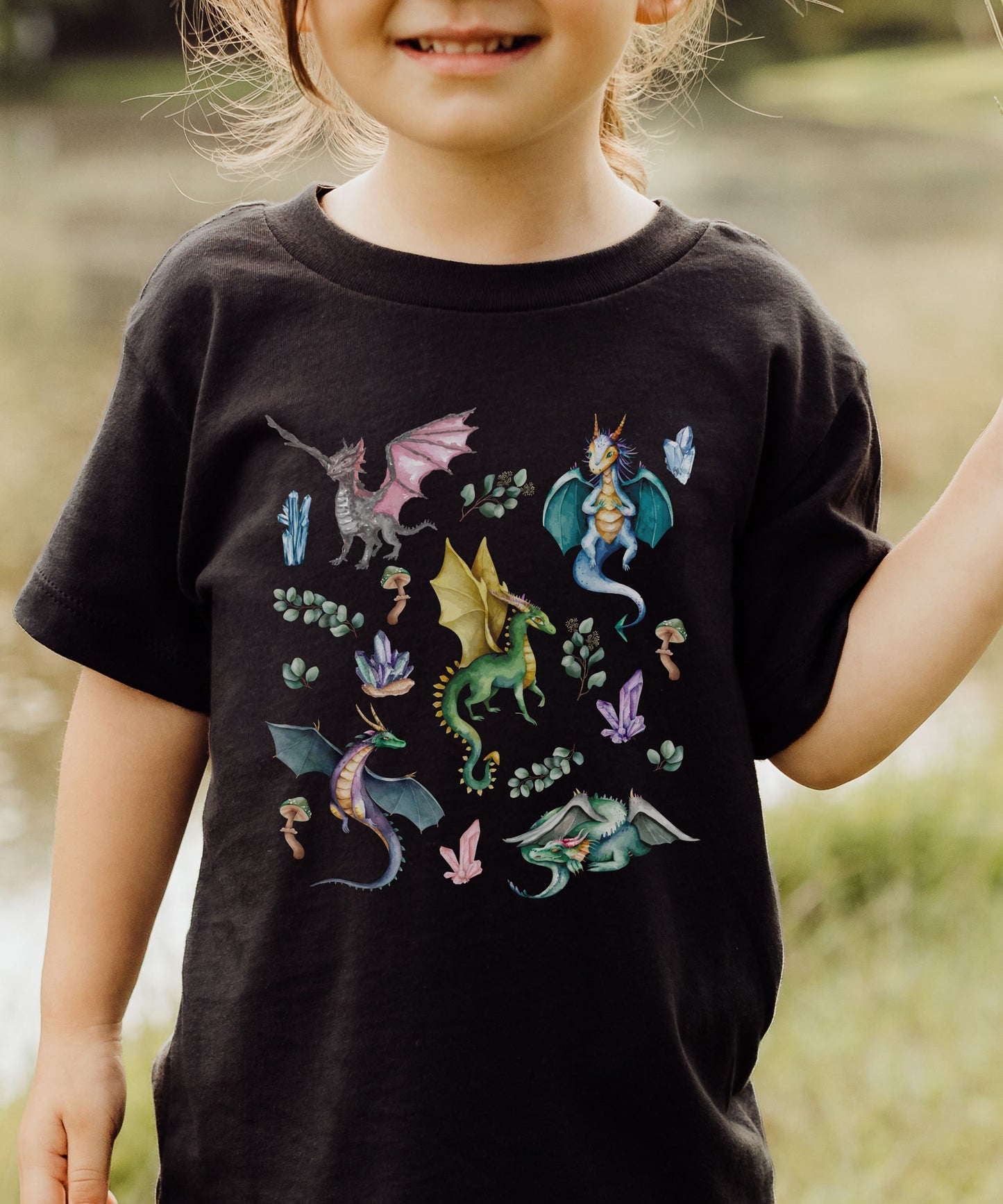 Dragon Shirt Kids Crystals Shirt Cottagecore Mushroom Shirt Fairycore Clothes Forestcore Toddler Girl Fairy Tale Dragon Birthday Party Shirt