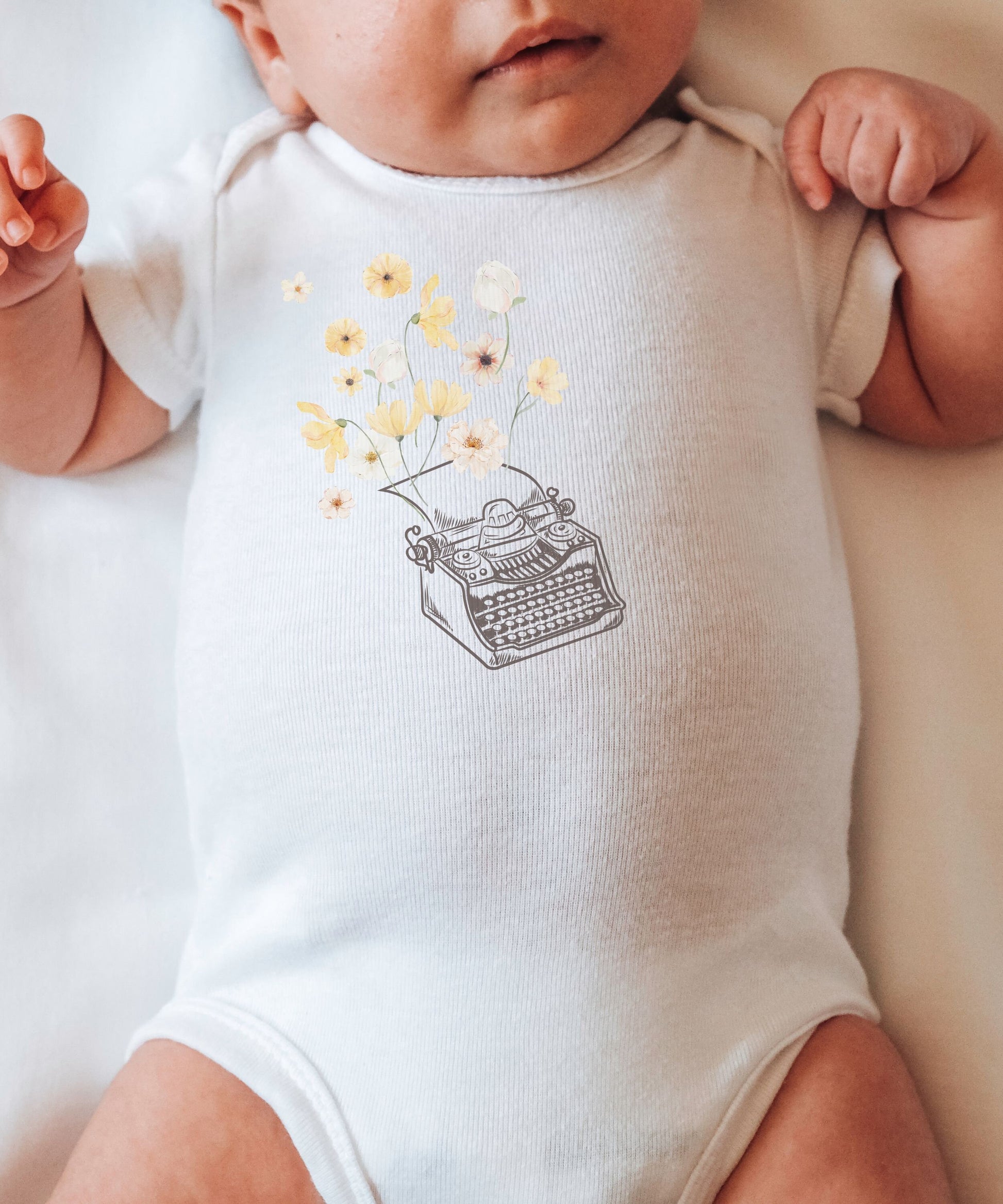 Typewriter Floral Baby Bodysuit, Retro Typewriter Shirt, Vintage Typewriter Academia Baby Clothes Cottagecore Baby Wildflowers Bodysuit