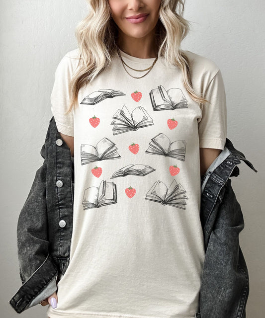 Books and Berries Shirt Strawberry Shirt Bookish T-shirts, Bookish Things Cottagecore Clothes Literary Shirt Light Academia Booklover Tee