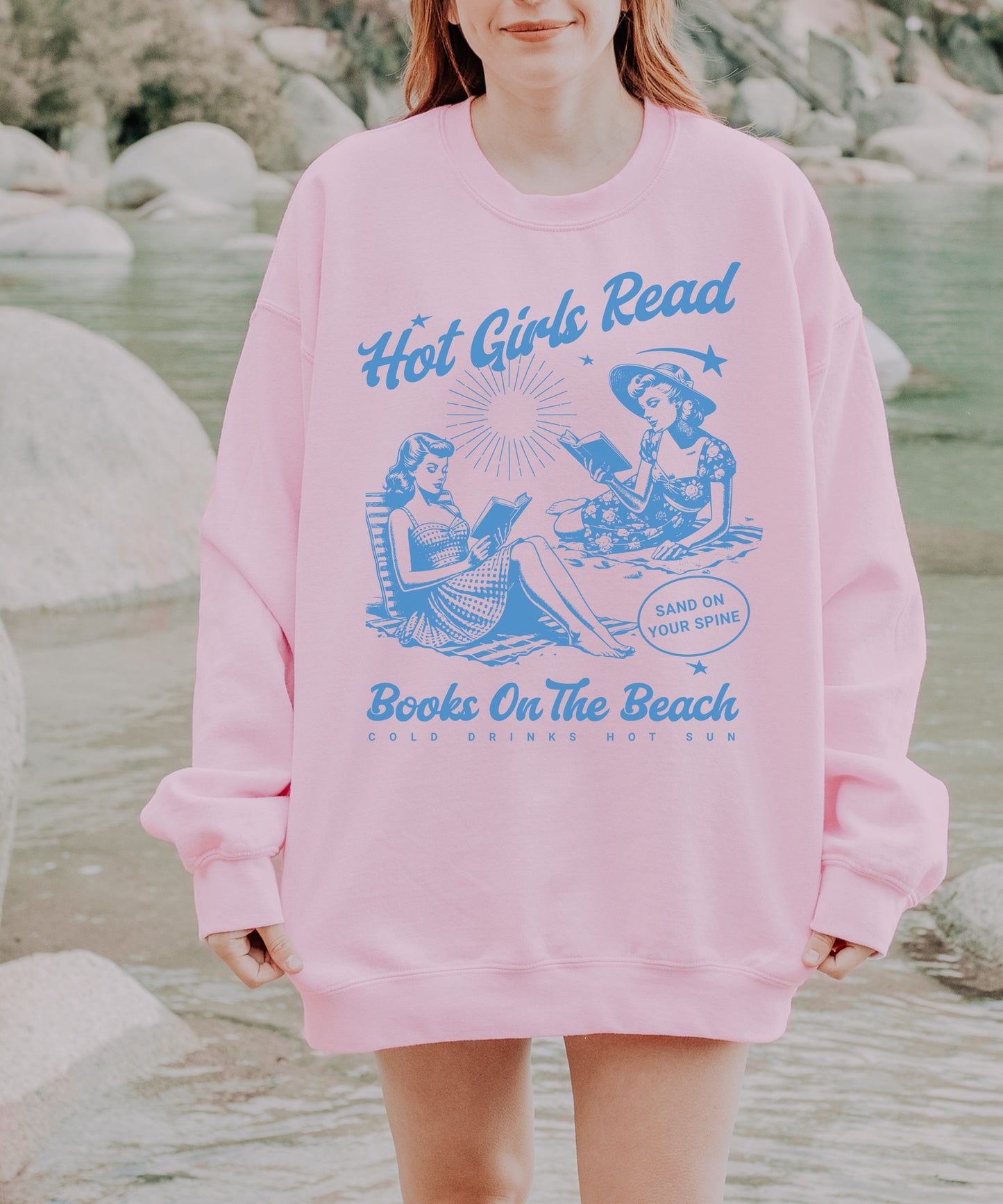 Hot Girls Read Books on the Beach Sweatshirt, Beachy Shirts Coconut Girl Retro Reading Crewneck Booklover Gifts Sweater Smut Sweatshirt