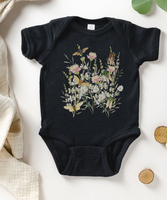 Cicada and Wild Flowers Baby Bodysuit Insect Baby Clothes Cottagecore Baby Locust Goblincore FairyCore Bodysuit Forest Core Baby Clothes