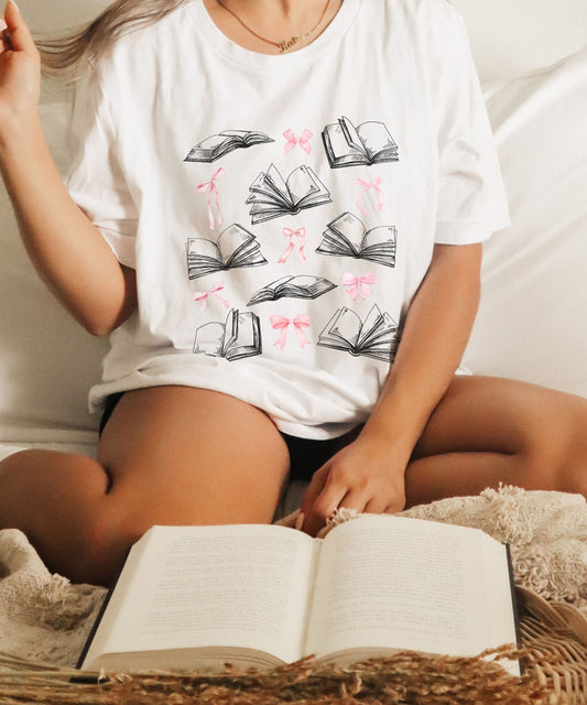 Books and Bows Shirt Coquette Bow Shirt, Bookish Shirts Women Booklover Gifts Book Girl Tshirt Booktock Merch Bookish Things Romance Reader