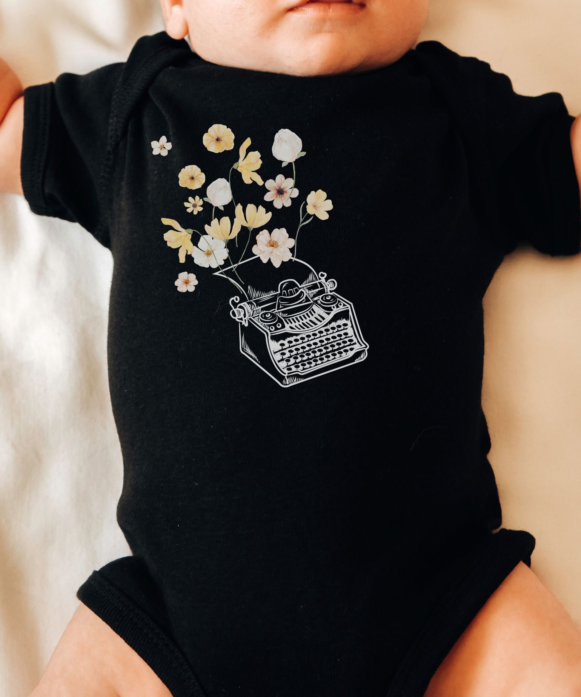 Typewriter Floral Baby Bodysuit, Retro Typewriter Shirt, Vintage Typewriter Academia Baby Clothes Cottagecore Baby Wildflowers Bodysuit