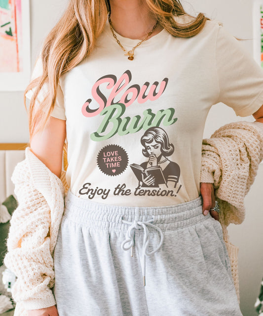 Slow Burn Book Trope Shirt, Romance Reader Retro Pop Art Romantasy Smut shirt Bookish Things Enemies To Lovers Spicy Book Tee Hot Girls Read