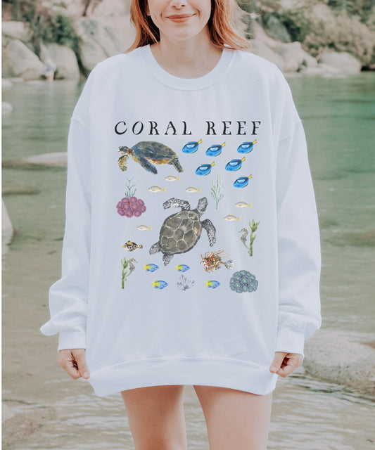 Coral Reef Ocean Animals Sweatshirt, Sea Turtle Shirt Beachy Sweatshirt Oceancore Mermaidcore Coconut Girl Granola Girl Marine Biology
