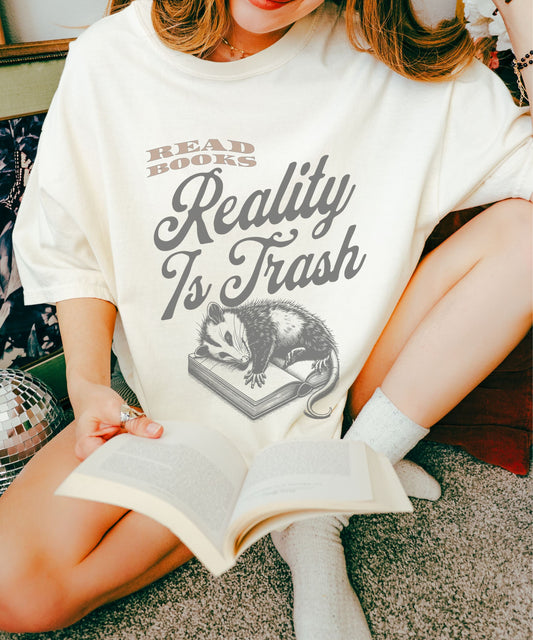 Read Books Reality is Trash Opossum Shirt, Meme Possum Shirt, Bookcore Weirdcore Booklover Gift Romantasy Fantasy Book Reader, Unhinged Tee