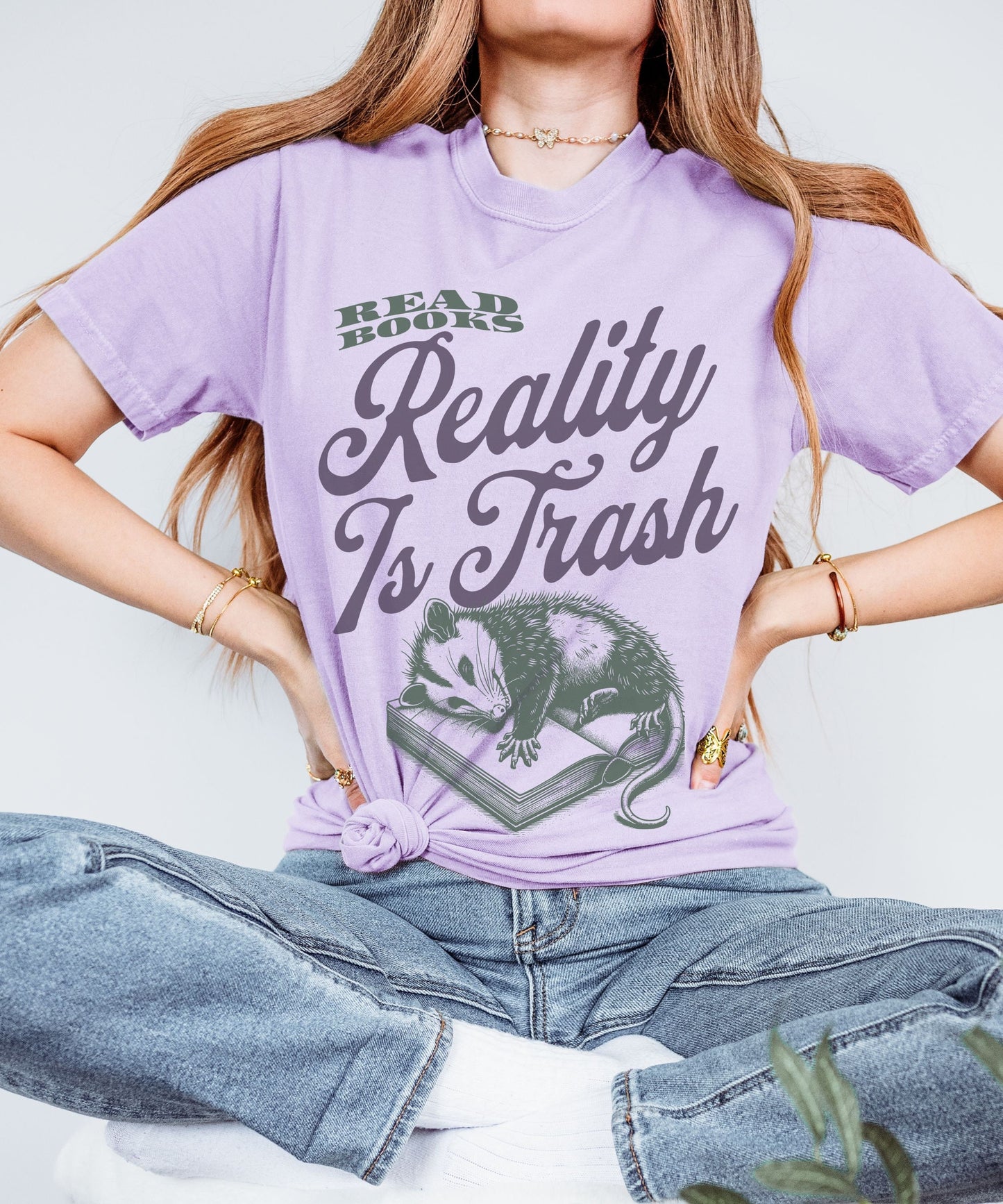 Read Books Reality is Trash Opossum Shirt, Meme Possum Shirt, Bookcore Weirdcore Booklover Gift Romantasy Fantasy Book Reader, Unhinged Tee