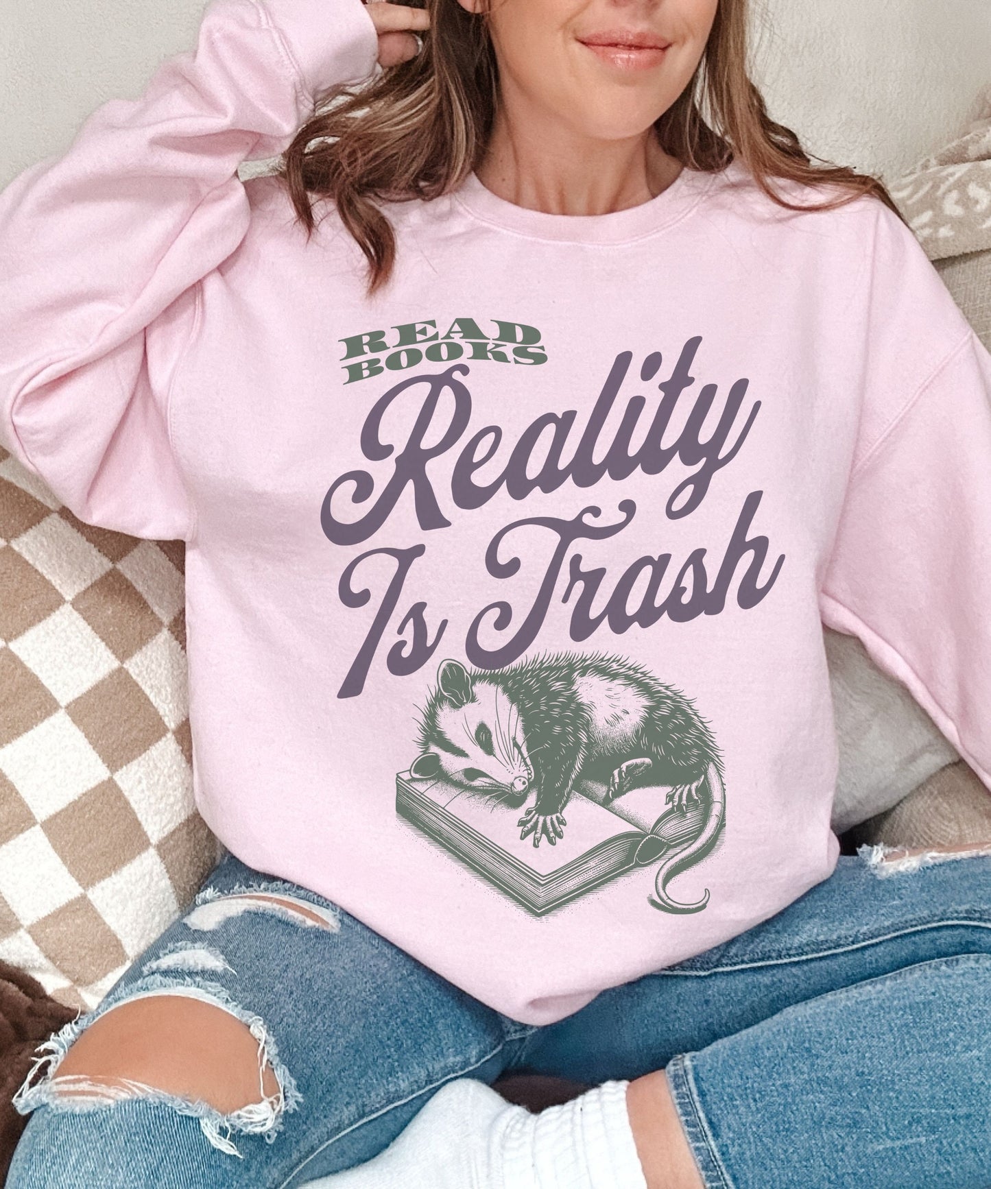 Read Books Reality Is Trash Possum Sweatshirt, Opossum Shirt Unhinged Bookish Shirts Possum Sweater, Library Reading Sweatshirt Booktrovert