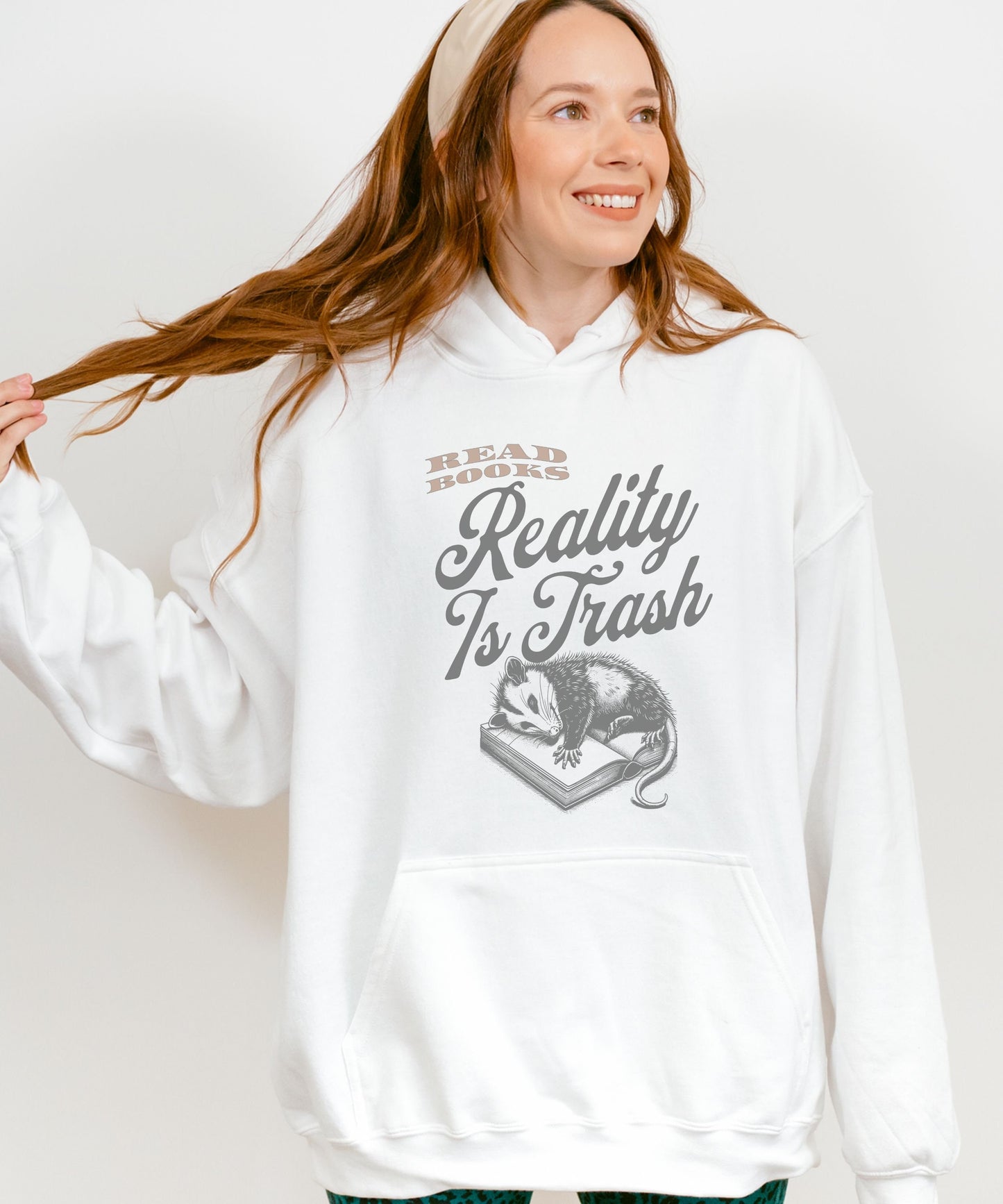 Read Books Reality Is Trash Possum Hoodie, Opossum Shirt Book Lover Sweater Possum Gifts Meme Sweatshirt Romance Sweatshirt Book Merch