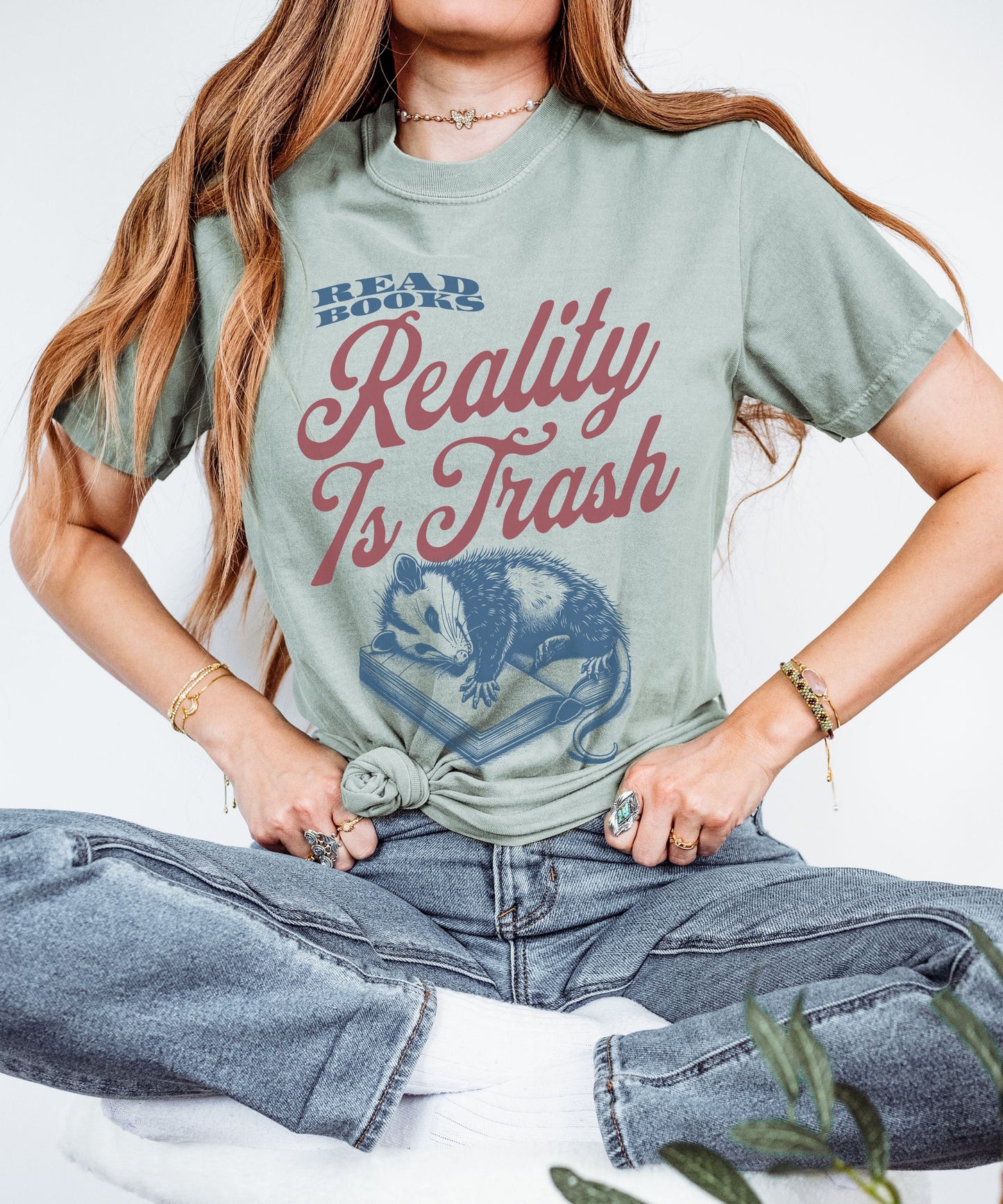 Read Books Reality is Trash Opossum Shirt, Meme Possum Shirt, Bookcore Weirdcore Booklover Gift Romantasy Fantasy Book Reader, Unhinged Tee