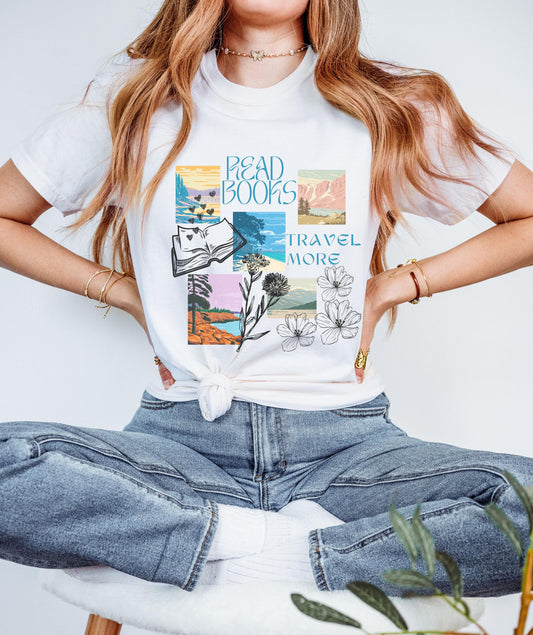 Read Books Travel More Shirt, Read More Books Tee Booklover Gift Vacay Shirt Bookish Travel Aesthetic Granola Girl Nature Literature Shirt