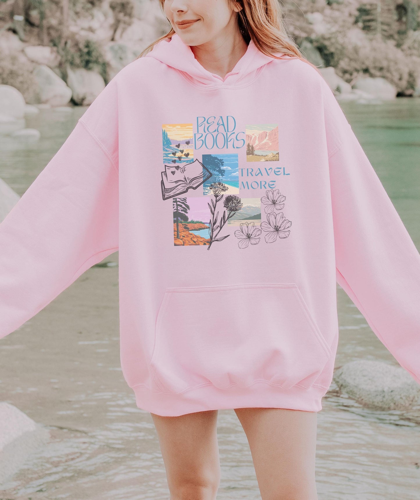 Read Books Travel More Hoodie, Aesthetic Mountain Beachy Hoodie Salty Granola Girl Gifts Coconut Girl Sweatshirt Book Lover Gifts Book Merch