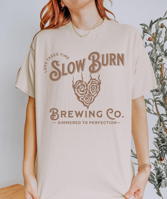 Slow Burn Brewing Co Book Tropes Shirt, Booktrovert Smut Shirt Romantasy Reader Tee Enemies To Lovers Dark Romance Spicy Bookish Love Shirt