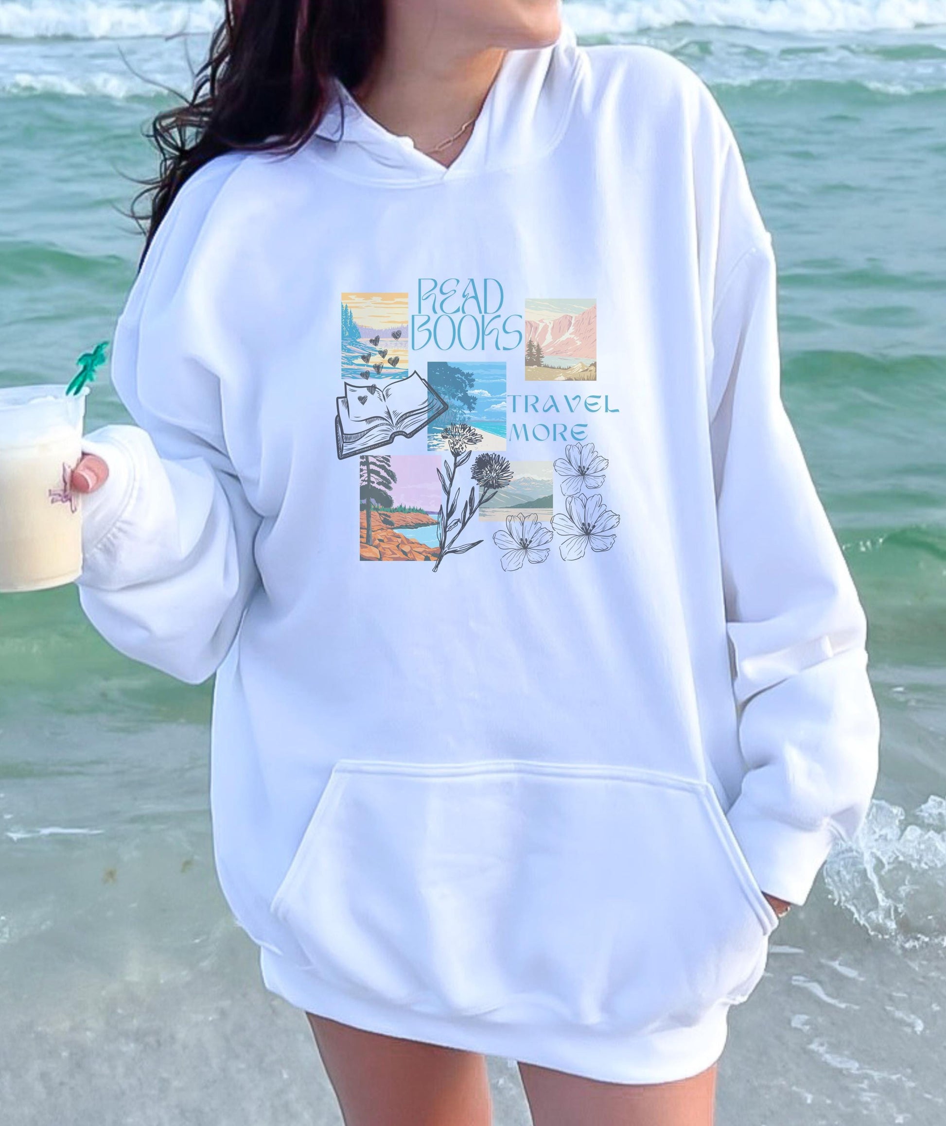 Read Books Travel More Hoodie, Aesthetic Mountain Beachy Hoodie Salty Granola Girl Gifts Coconut Girl Sweatshirt Book Lover Gifts Book Merch