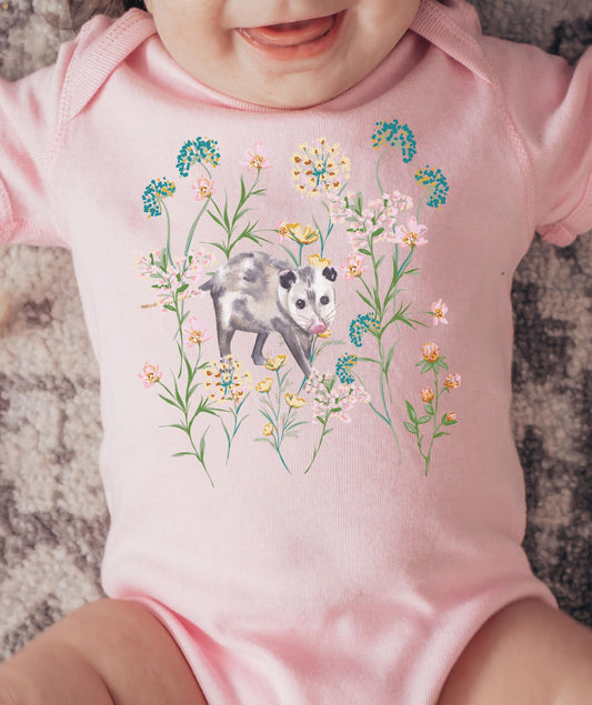 Opossum Baby Bodysuit, Cottagecore Baby Clothes, Possum Wild Flowers Bodysuit, Wildflower Opossum Baby Gift Forest Animal Baby Girl Clothes