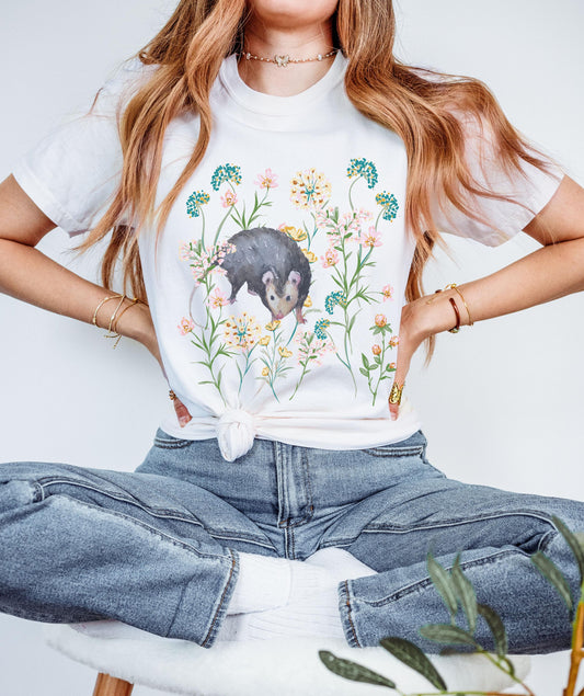 Opossum Shirt, Boho Wild Flowers Cottagecore Possum Shirt Opossum Gifts, Forestcore Weirdcore Shirt Cottage Core Granola Girl Nature Shirt